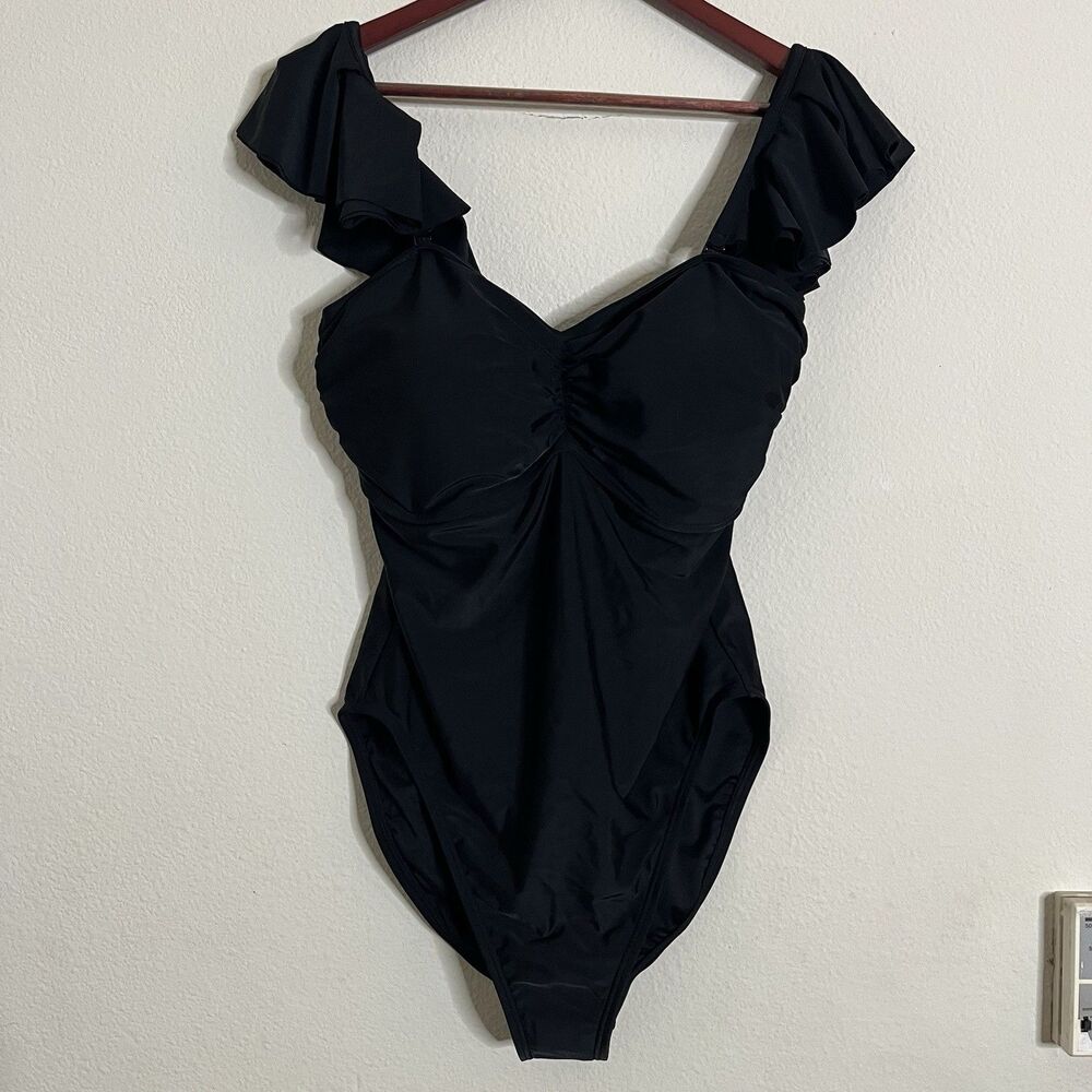 Venus Ruffle Straps Removable Resort One Piece Black Swimsuit SZ 16